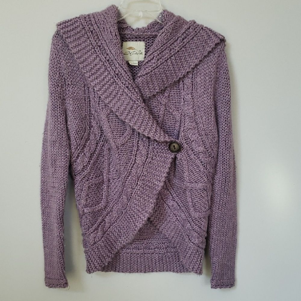 Y2K Vtg Lavender Cable Knit Cardigan Womens L Cutaway Hooded Sweater